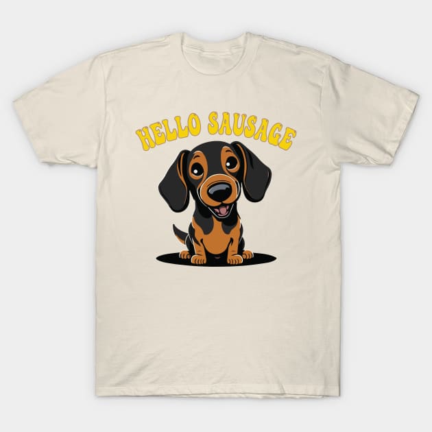 Hello Sausage, cute Dachshund dog graphic T-Shirt by Surfer Dave Designs